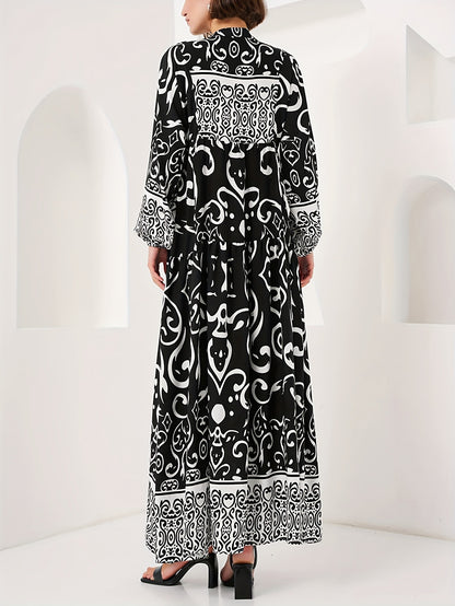 Black Cotton Printed Maxi Dress – Elegant Loose-Fit Long Sleeve Abaya Style