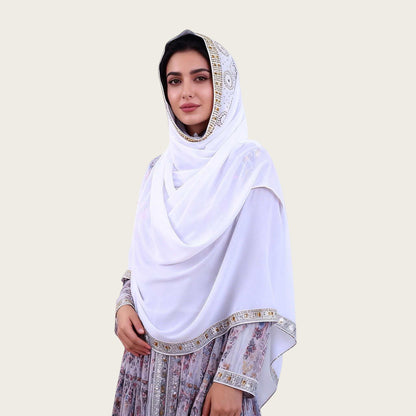 Elegant White Embroidered Chiffon Hijab – Luxury Modest Scarf