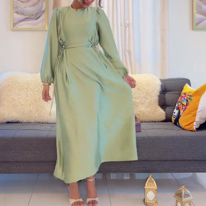 New Style Round Neck Lantern Sleeve Waist-Tie Fashion Long Dress