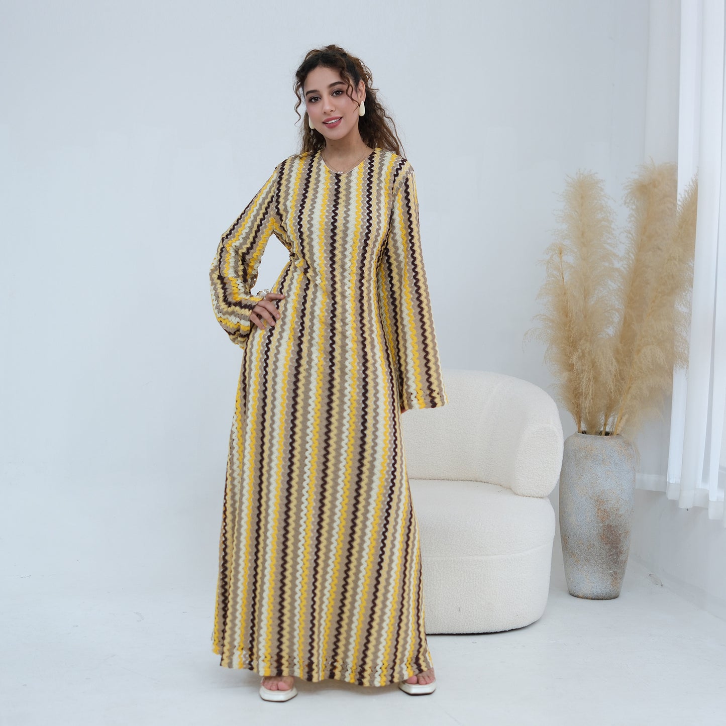 Abaya Elegant Colorful Jacquard Double-Layer Long Sleeve Maxi Dress | Style