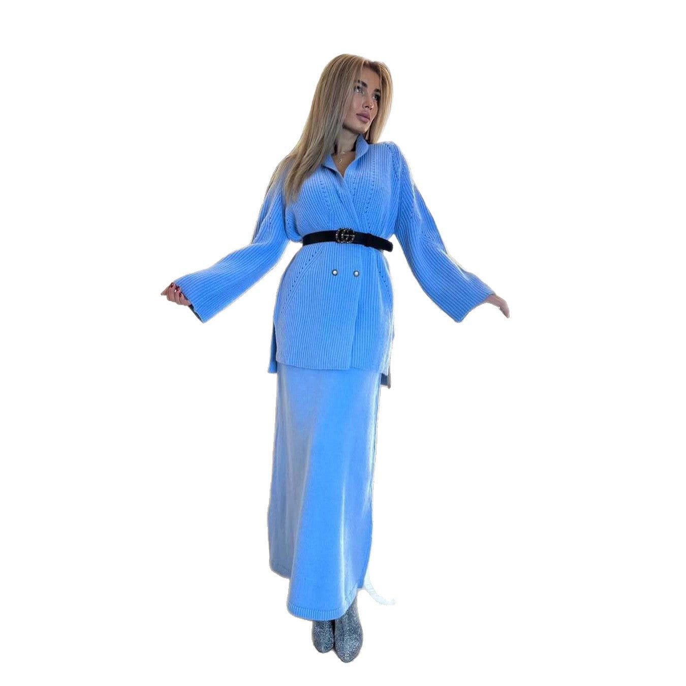 Fashion 2026 Autumn New Double-Breasted Button Sweater Jacket Hip-Covering Skirt Suit