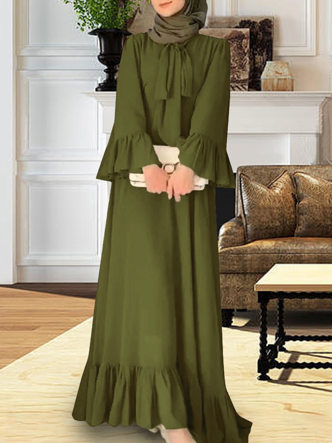 Elegant Modest Maxi Dress with Tie Neck – Olive Green