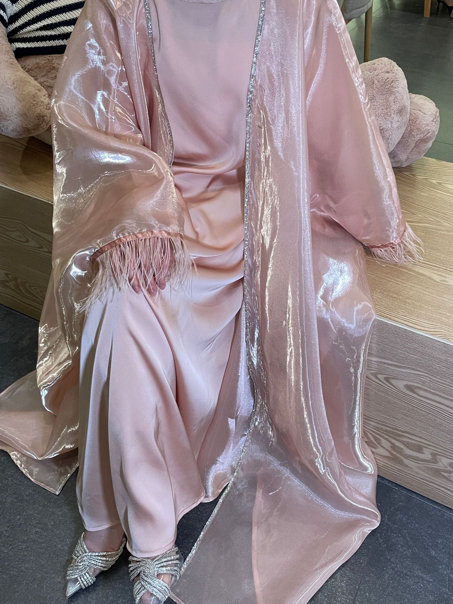 Luxury Satin Feather Trim Abaya – Elegant Modest Statement Dress