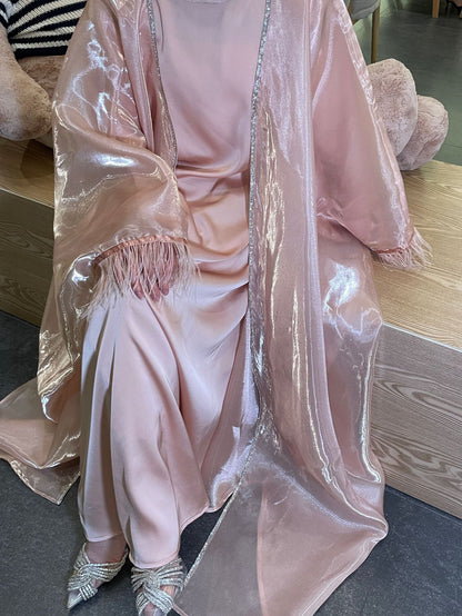 Luxury Satin Feather Trim Abaya – Elegant Modest Statement Dress