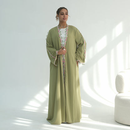 Elegant Turkish Floral Trim Open Abaya Cardigan