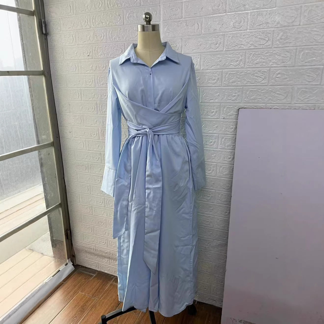 Lace-Up Slim-Fit Commuter Daily Solid Color Turn-Down Collar New Style Waist-Cinching Long Dre