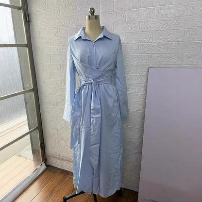 Lace-Up Slim-Fit Commuter Daily Solid Color Turn-Down Collar New Style Waist-Cinching Long Dre