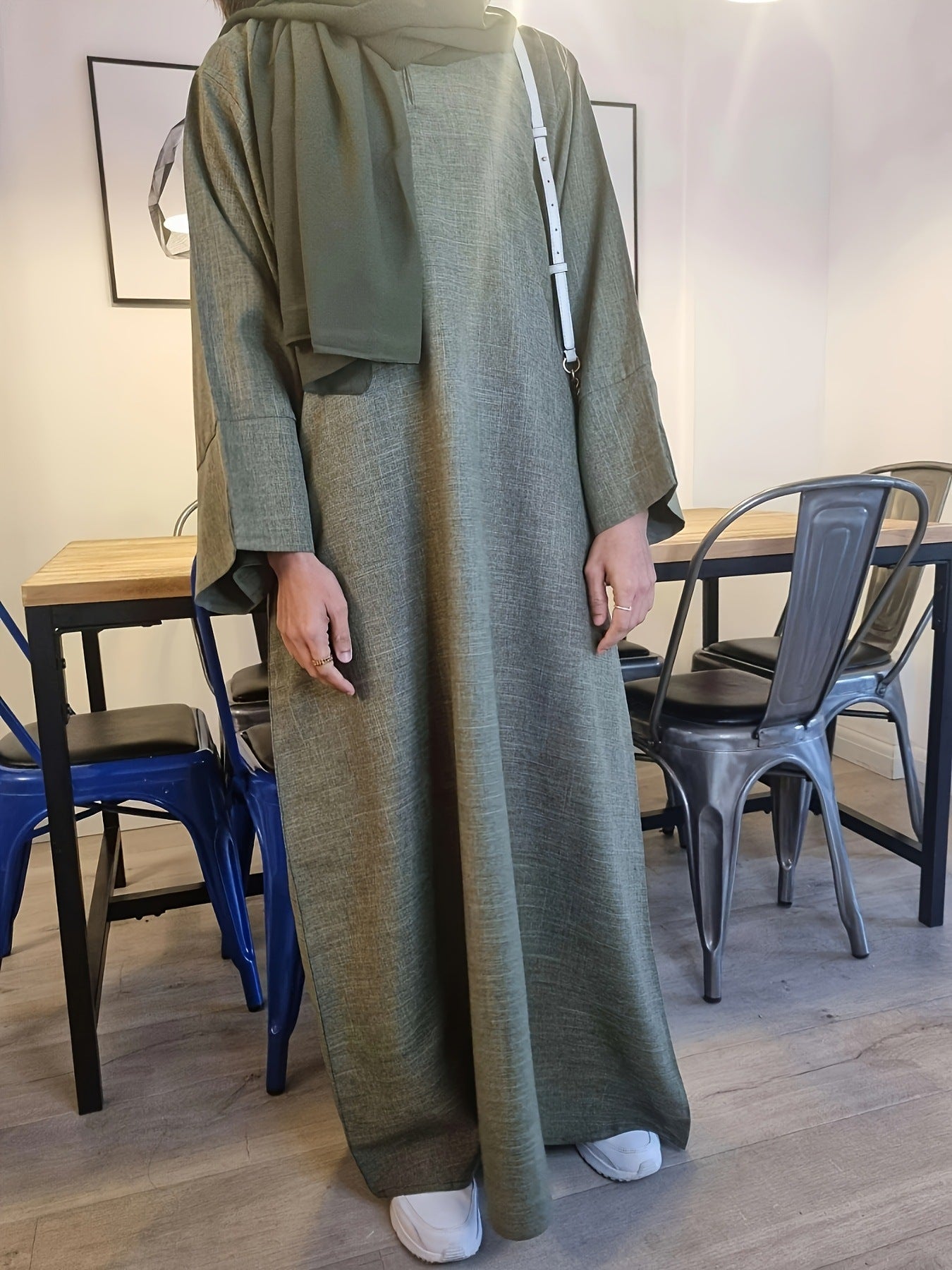 Olive Green Textured Modest Abaya with Matching Hijab