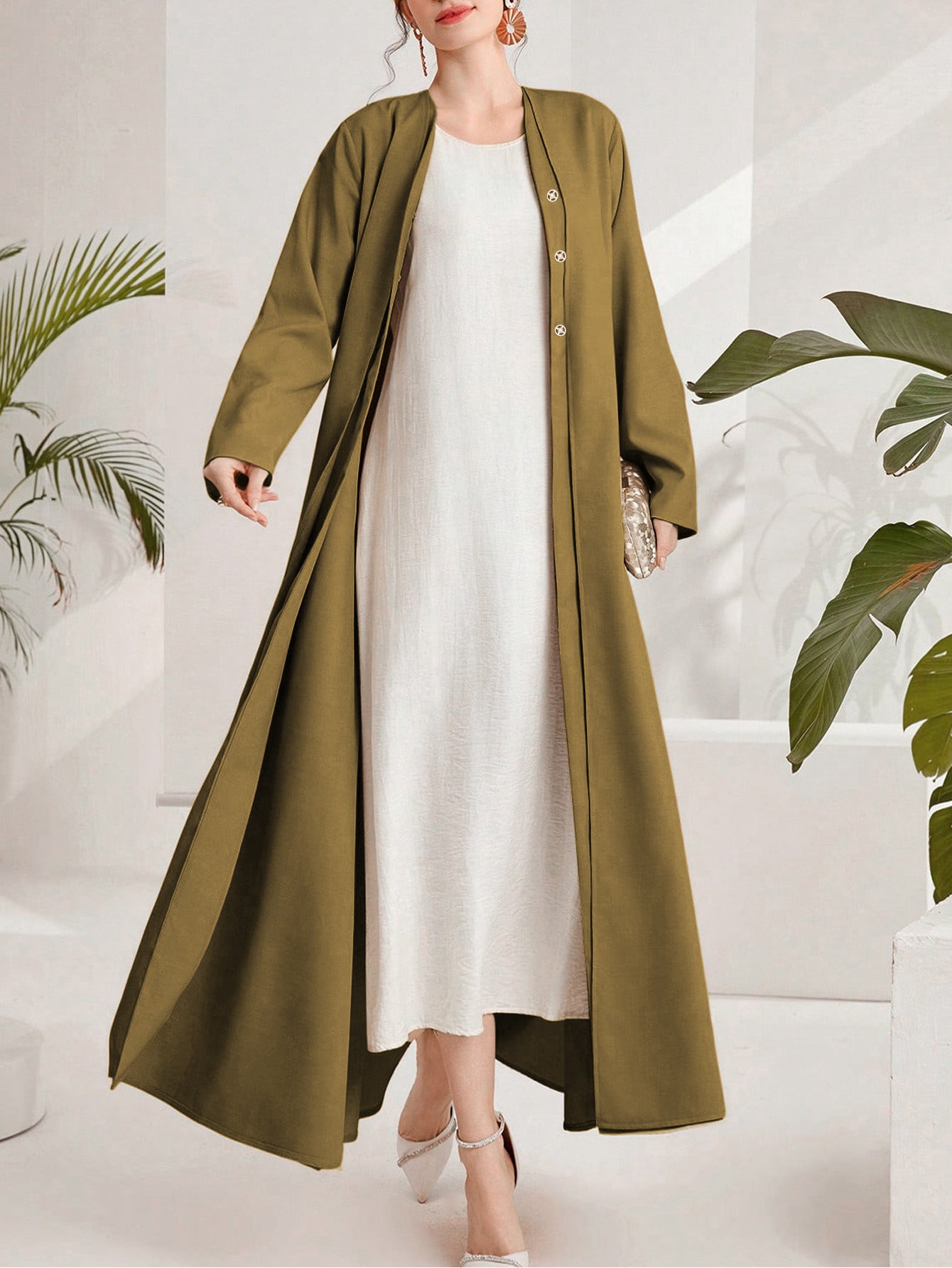 Olive Green Cotton Maxi Dress – Loose Fit Button Front Long Sleeve Abaya Style