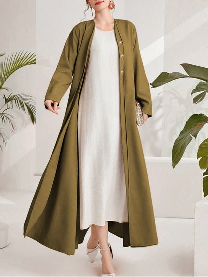Olive Green Cotton Maxi Dress – Loose Fit Button Front Long Sleeve Abaya Style