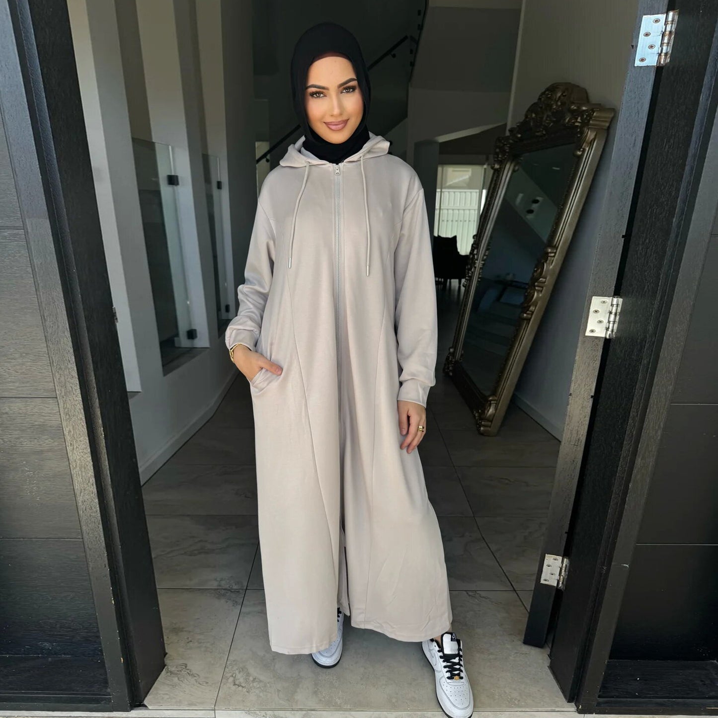 Modest Zip Hoodie Abaya Dress – Long Sleeve Hooded Maxi Cardigan for Women