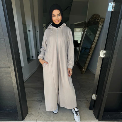 Modest Zip Hoodie Abaya Dress – Long Sleeve Hooded Maxi Cardigan for Women