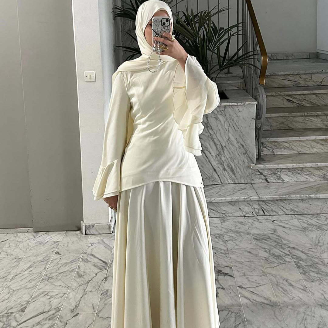 Long Dress 2026 Summer New Fashion Casual Loose Solid Color Long-Sleeve Top and Skirt Set