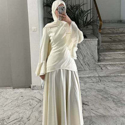 Long Dress 2026 Summer New Fashion Casual Loose Solid Color Long-Sleeve Top and Skirt Set