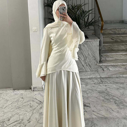 Long Dress 2026 Summer New Fashion Casual Loose Solid Color Long-Sleeve Top and Skirt Set
