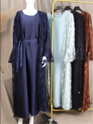 Luxury Lace Abaya with Satin Inner Dress – Elegant Modest Two-Piece Set