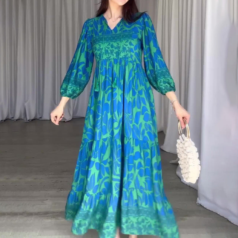 New V-neck Lantern Sleeve Printed High Waist Retro Slim Dress