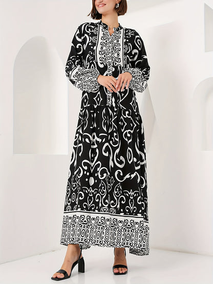 Black Cotton Printed Maxi Dress – Elegant Loose-Fit Long Sleeve Abaya Style