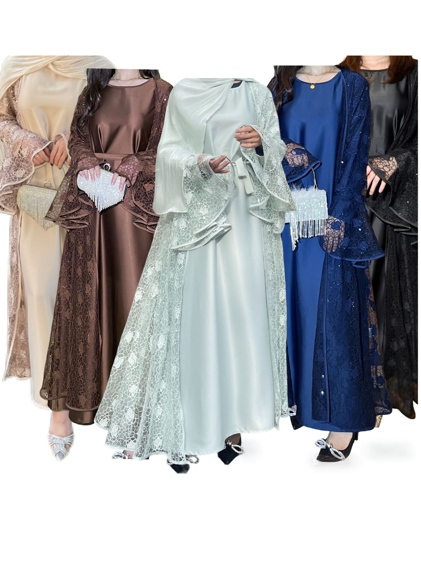 Luxury Satin Two-Piece Abaya Set – Elegant Modest Long Dress with Wide Sleeves