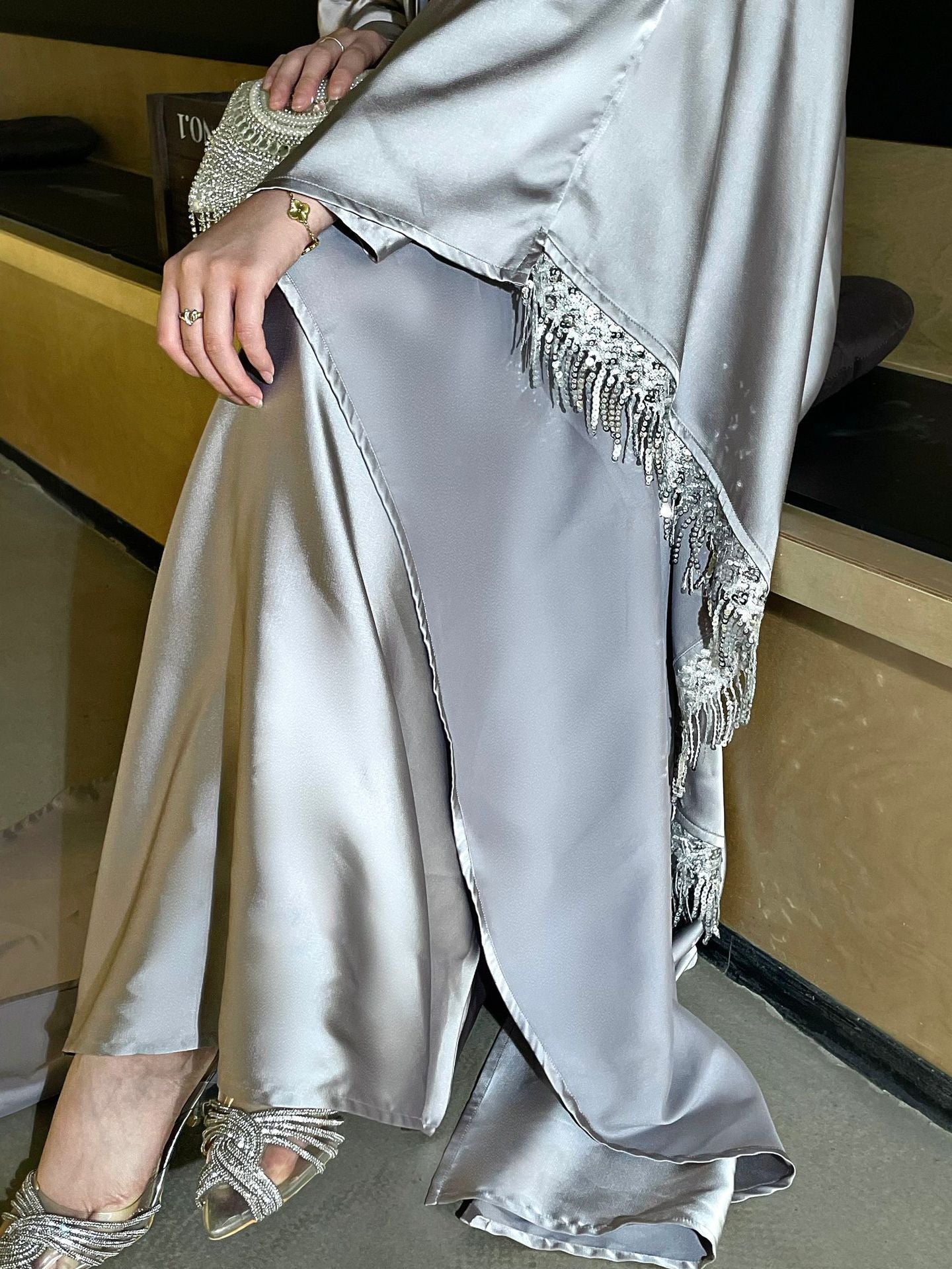 Luxury Satin Tassel Abaya Set – Elegant Evening Modest Wear