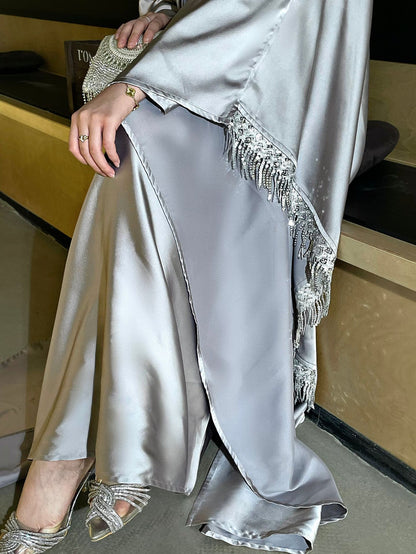 Luxury Satin Tassel Abaya Set – Elegant Evening Modest Wear