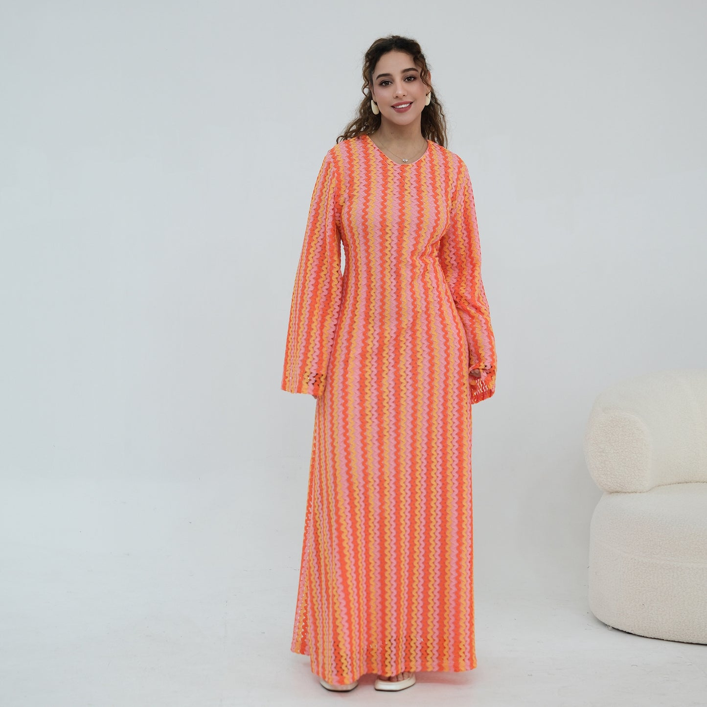 Abaya Elegant Colorful Jacquard Double-Layer Long Sleeve Maxi Dress | Style