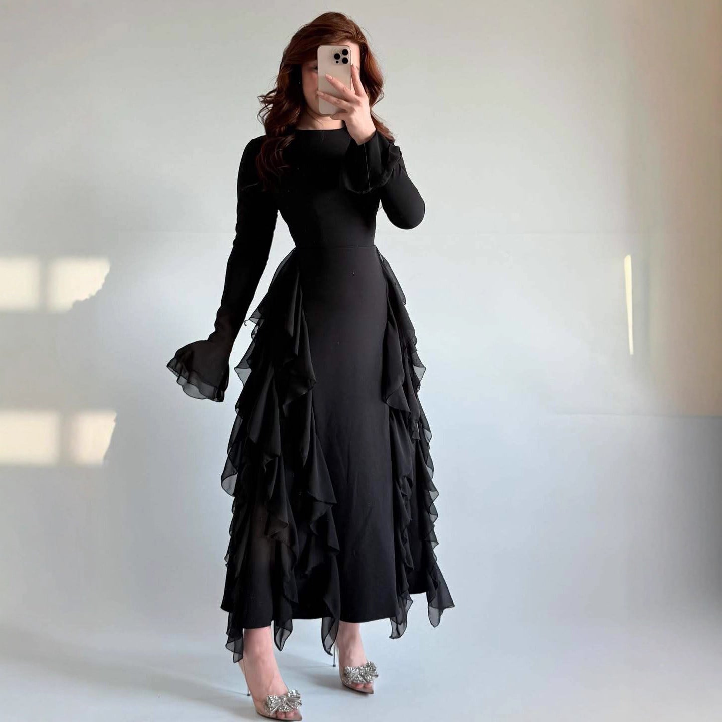 New Style Waist-Cinching Banquet Ruffled Round-Neck Long-Sleeve Socialite Dress