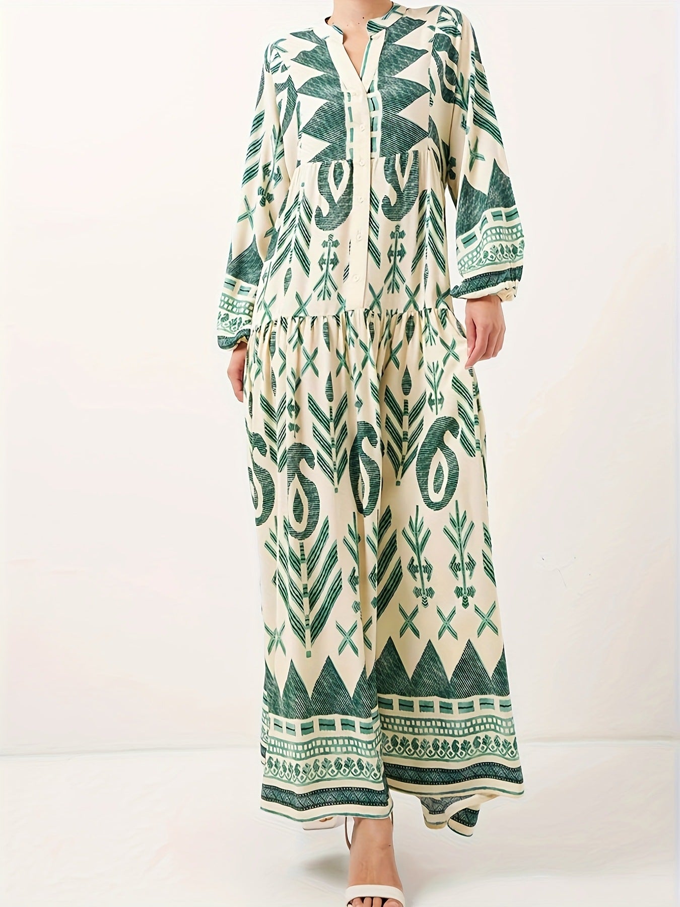 Green Cotton Printed Maxi Dress – Elegant Loose-Fit Long Sleeve Abaya Style