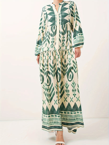 Green Cotton Printed Maxi Dress – Elegant Loose-Fit Long Sleeve Abaya Style