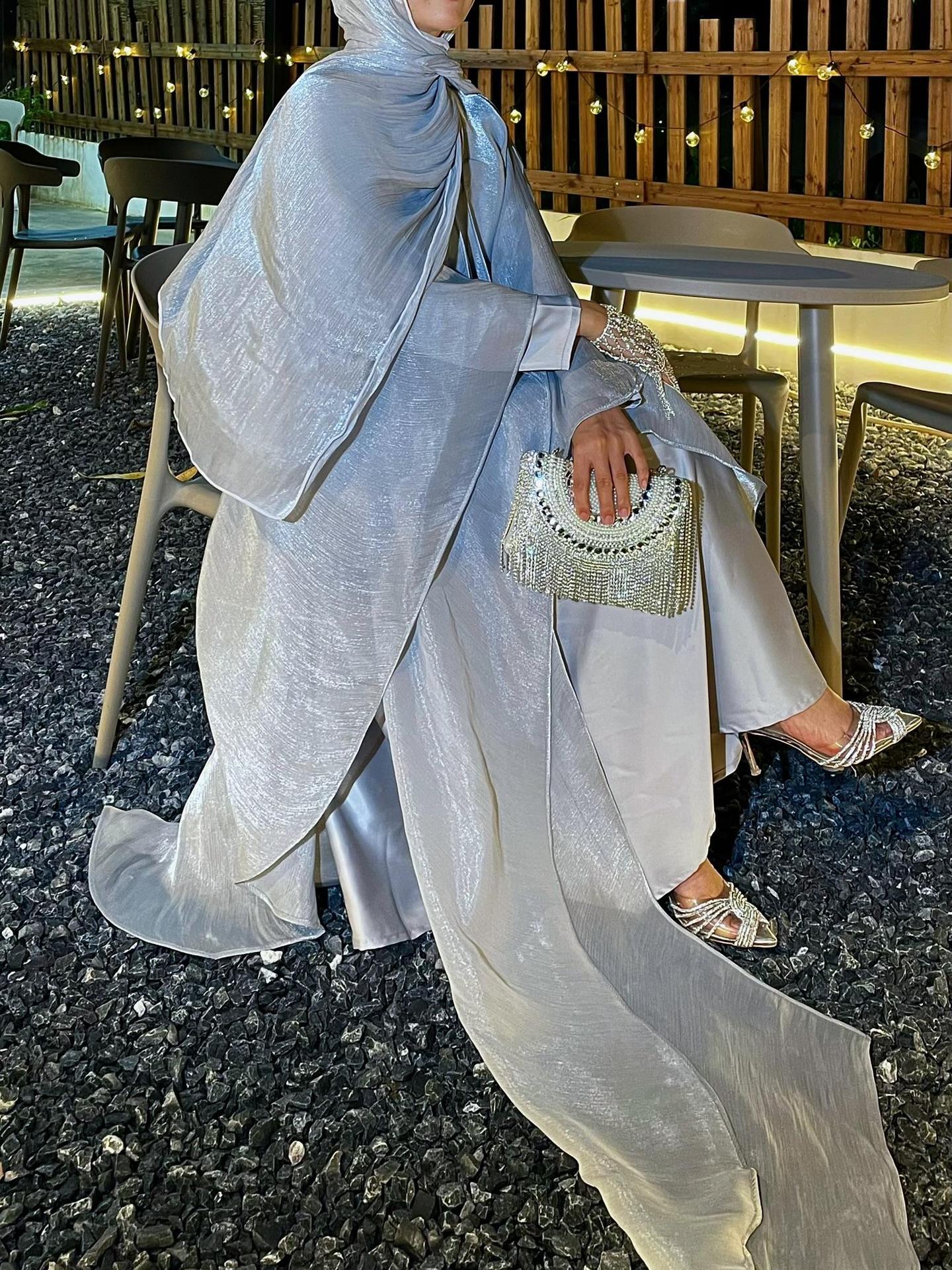 Luxury White Satin Abaya with Sheer Overlay – Elegant Modest Occasion Dress