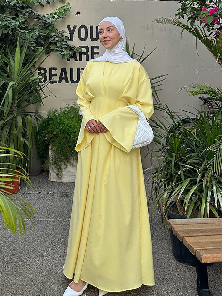 Elegant Pastel Yellow Pleated Abaya