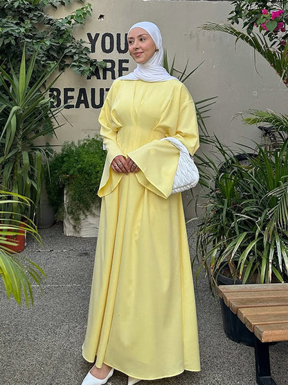 Elegant Pastel Yellow Pleated Abaya
