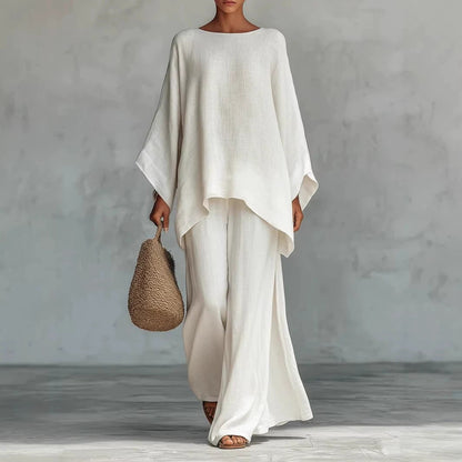 Loose Linen Blend Shirt and Wide-Leg Pants Set