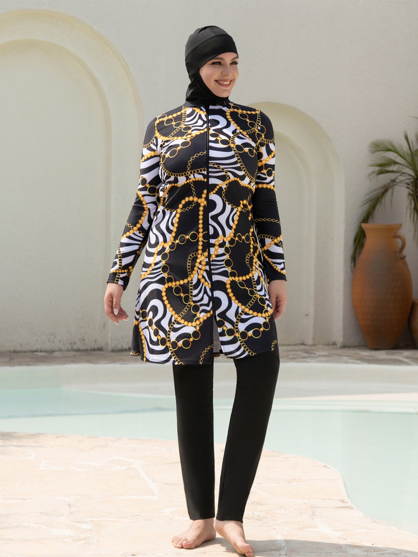 Stay confident and covered with this elegant modest swimwear