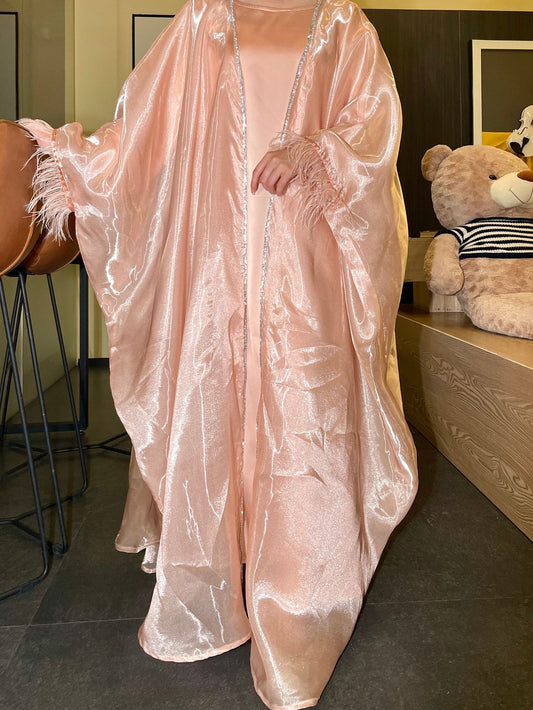 Luxury Satin Feather Trim Abaya – Elegant Modest Statement Dress