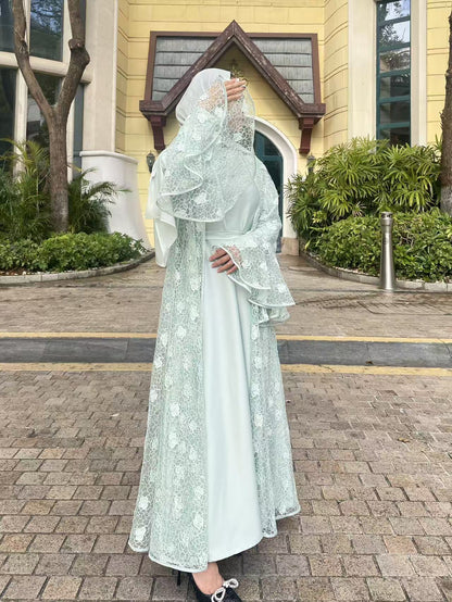 Luxury Satin Two-Piece Abaya Set – Elegant Modest Long Dress with Wide Sleeves
