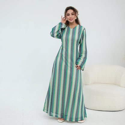 Abaya Elegant Colorful Jacquard Double-Layer Long Sleeve Maxi Dress | Style