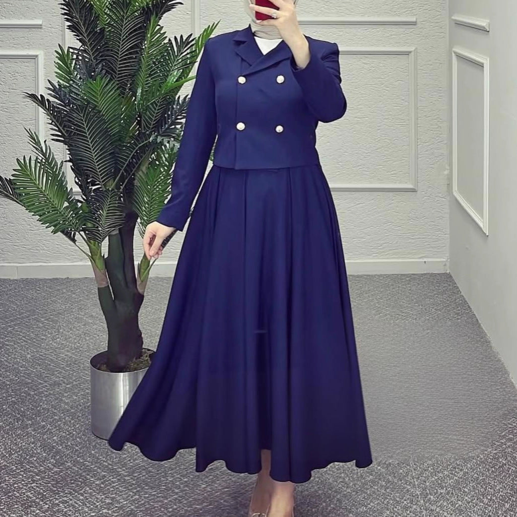 New Autumn Suit European and American Workplace Button Woolen Jacket Preppy Style A-Line Long Skirt Suit