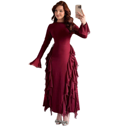 New Style Waist-Cinching Banquet Ruffled Round-Neck Long-Sleeve Socialite Dress