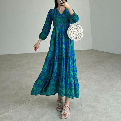 New V-neck Lantern Sleeve Printed High Waist Retro Slim Dress
