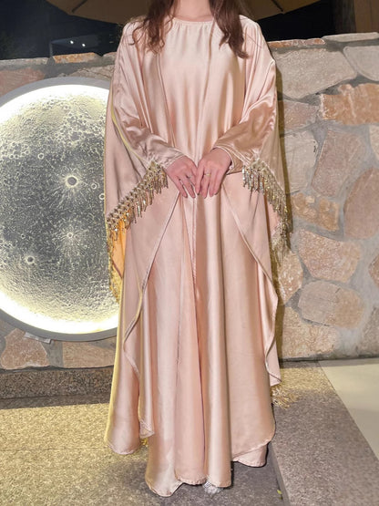 Luxury Satin Tassel Abaya Set – Elegant Evening Modest Wear