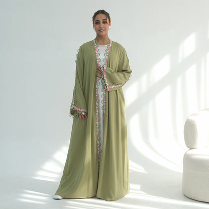 Elegant Turkish Floral Trim Open Abaya Cardigan