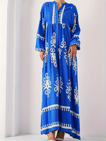 Blue Cotton Printed Maxi Dress – Elegant Loose-Fit Long Sleeve Abaya Style