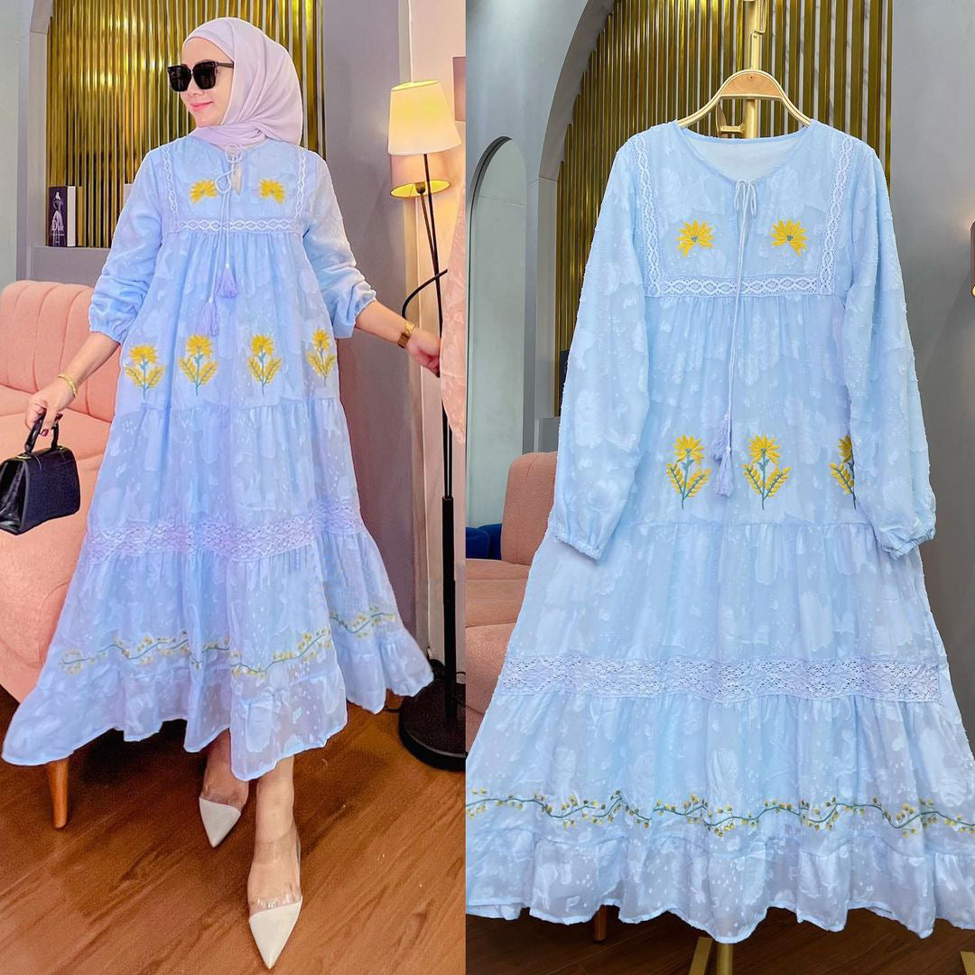 Floral Maxi Abaya Dress – Beige, White, Blue.