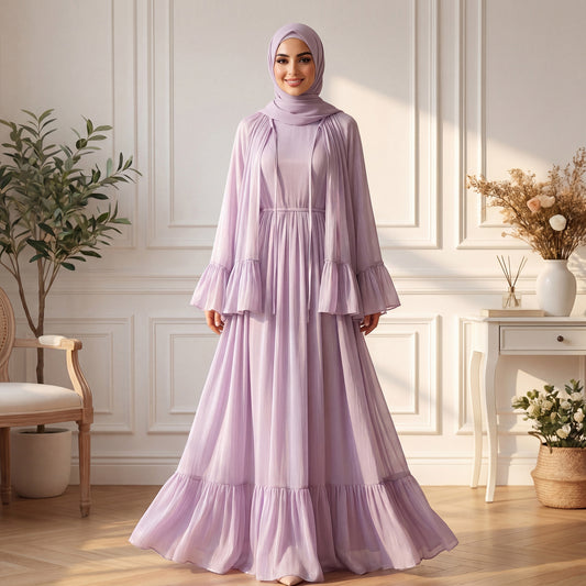Abaya Elegant Two-Piece Modest Dress Set with Matching Shawl – Premium Chiffon Long Sleeve.