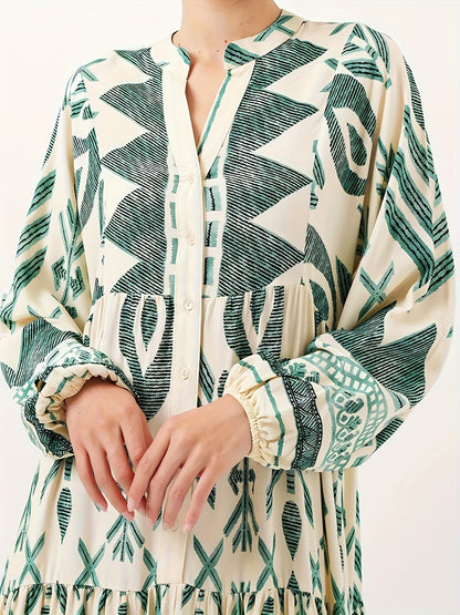 Green Cotton Printed Maxi Dress – Elegant Loose-Fit Long Sleeve Abaya Style