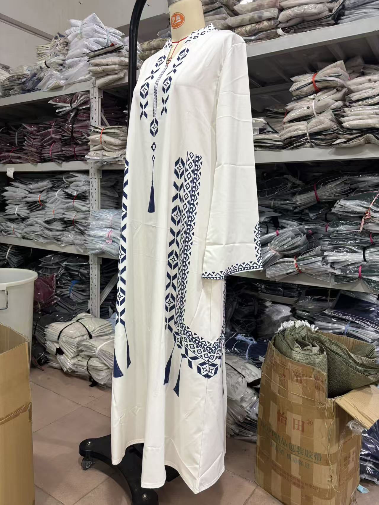 White Embroidered Abaya with Blue Pattern Details
