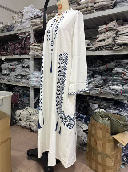White Embroidered Abaya with Blue Pattern Details