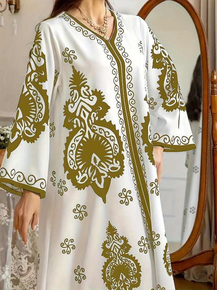 Color: White with olive-gold print