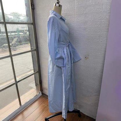 Lace-Up Slim-Fit Commuter Daily Solid Color Turn-Down Collar New Style Waist-Cinching Long Dre